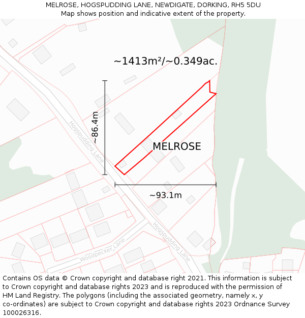 MELROSE, HOGSPUDDING LANE, NEWDIGATE, DORKING, RH5 5DU: Plot and title map