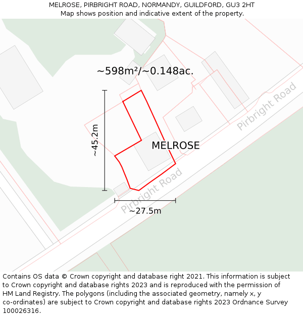 MELROSE, PIRBRIGHT ROAD, NORMANDY, GUILDFORD, GU3 2HT: Plot and title map
