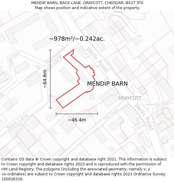 MENDIP BARN, BACK LANE, DRAYCOTT, CHEDDAR, BS27 3TX: Plot and title map