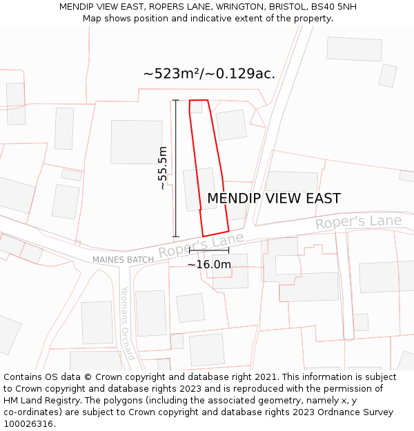 MENDIP VIEW EAST, ROPERS LANE, WRINGTON, BRISTOL, BS40 5NH: Plot and title map