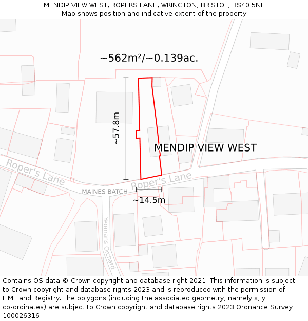 MENDIP VIEW WEST, ROPERS LANE, WRINGTON, BRISTOL, BS40 5NH: Plot and title map