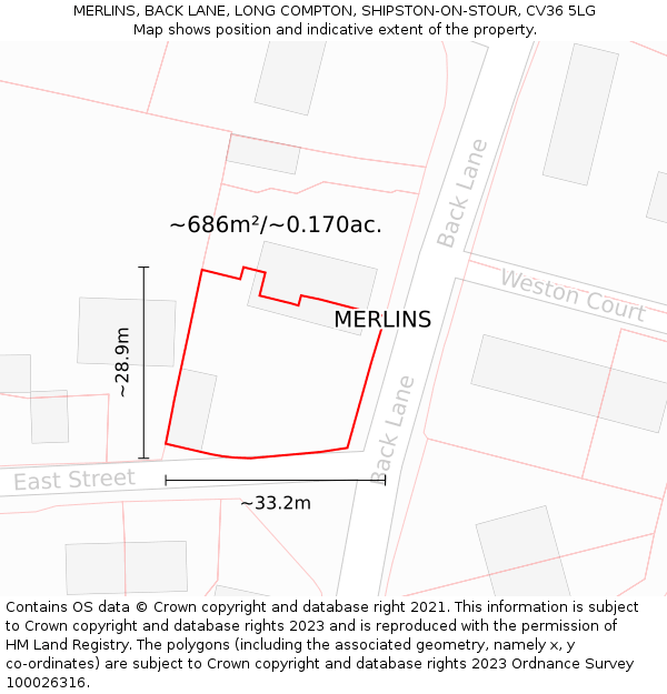 MERLINS, BACK LANE, LONG COMPTON, SHIPSTON-ON-STOUR, CV36 5LG: Plot and title map