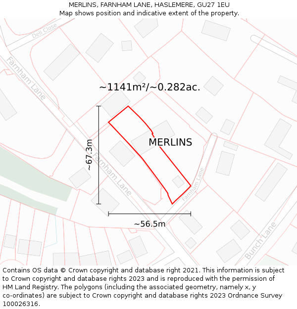 MERLINS, FARNHAM LANE, HASLEMERE, GU27 1EU: Plot and title map