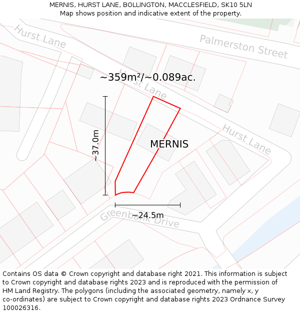 MERNIS, HURST LANE, BOLLINGTON, MACCLESFIELD, SK10 5LN: Plot and title map