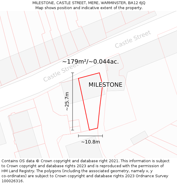 MILESTONE, CASTLE STREET, MERE, WARMINSTER, BA12 6JQ: Plot and title map