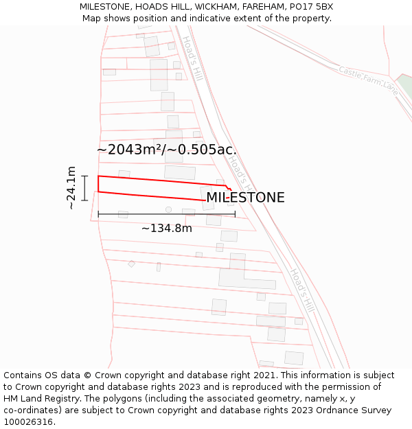 MILESTONE, HOADS HILL, WICKHAM, FAREHAM, PO17 5BX: Plot and title map
