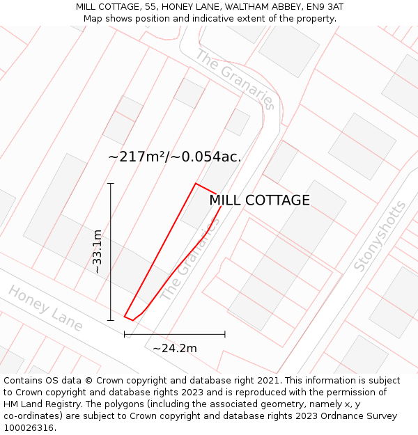 MILL COTTAGE, 55, HONEY LANE, WALTHAM ABBEY, EN9 3AT: Plot and title map