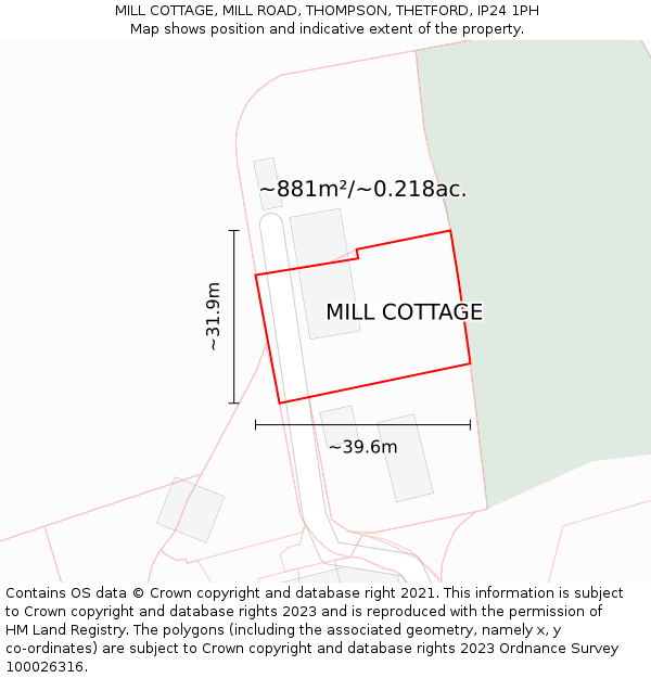 MILL COTTAGE, MILL ROAD, THOMPSON, THETFORD, IP24 1PH: Plot and title map