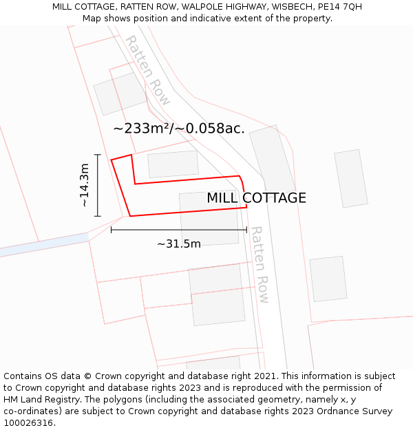 MILL COTTAGE, RATTEN ROW, WALPOLE HIGHWAY, WISBECH, PE14 7QH: Plot and title map