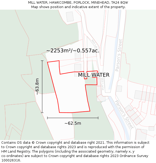 MILL WATER, HAWKCOMBE, PORLOCK, MINEHEAD, TA24 8QW: Plot and title map