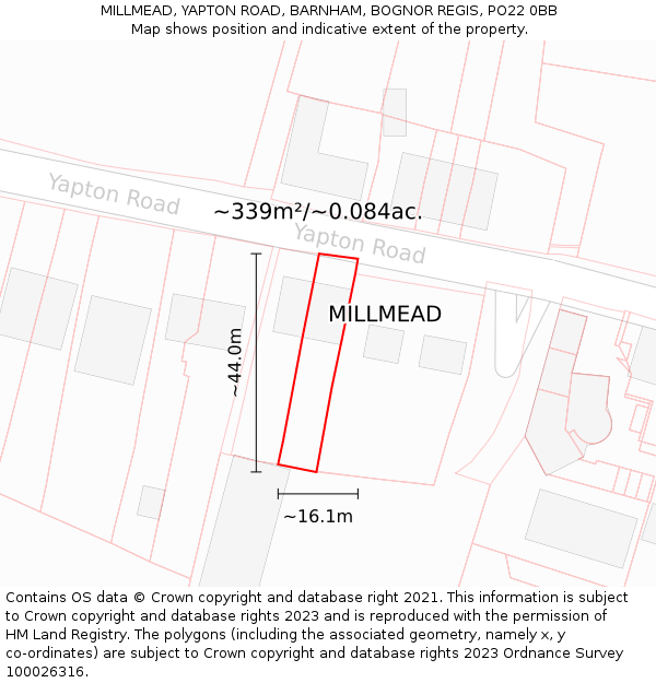 MILLMEAD, YAPTON ROAD, BARNHAM, BOGNOR REGIS, PO22 0BB: Plot and title map