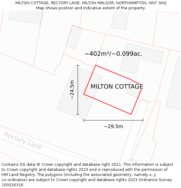MILTON COTTAGE, RECTORY LANE, MILTON MALSOR, NORTHAMPTON, NN7 3AQ: Plot and title map