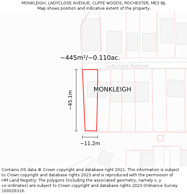 MONKLEIGH, LADYCLOSE AVENUE, CLIFFE WOODS, ROCHESTER, ME3 8JL: Plot and title map