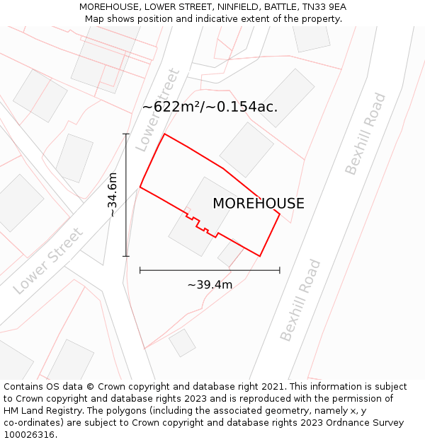 MOREHOUSE, LOWER STREET, NINFIELD, BATTLE, TN33 9EA: Plot and title map