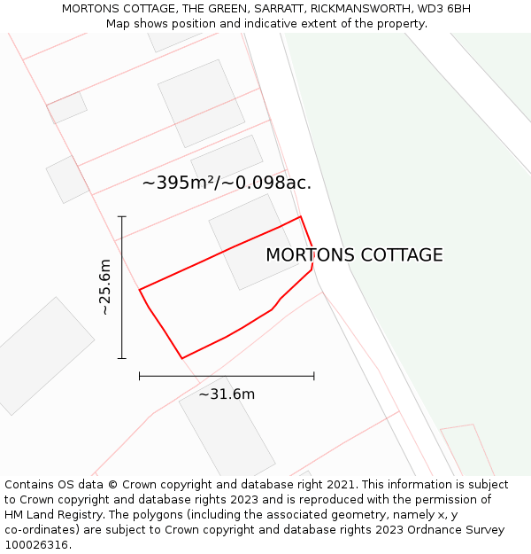 MORTONS COTTAGE, THE GREEN, SARRATT, RICKMANSWORTH, WD3 6BH: Plot and title map