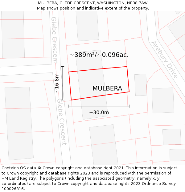 MULBERA, GLEBE CRESCENT, WASHINGTON, NE38 7AW: Plot and title map
