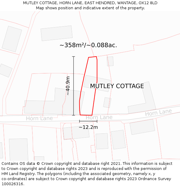 MUTLEY COTTAGE, HORN LANE, EAST HENDRED, WANTAGE, OX12 8LD: Plot and title map