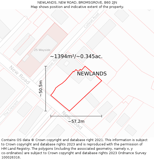 NEWLANDS, NEW ROAD, BROMSGROVE, B60 2JN: Plot and title map