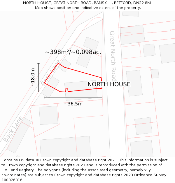 NORTH HOUSE, GREAT NORTH ROAD, RANSKILL, RETFORD, DN22 8NL: Plot and title map