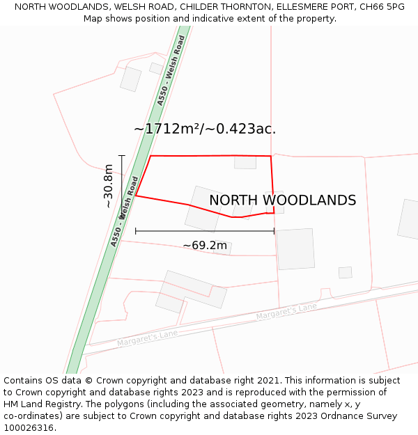 NORTH WOODLANDS, WELSH ROAD, CHILDER THORNTON, ELLESMERE PORT, CH66 5PG: Plot and title map
