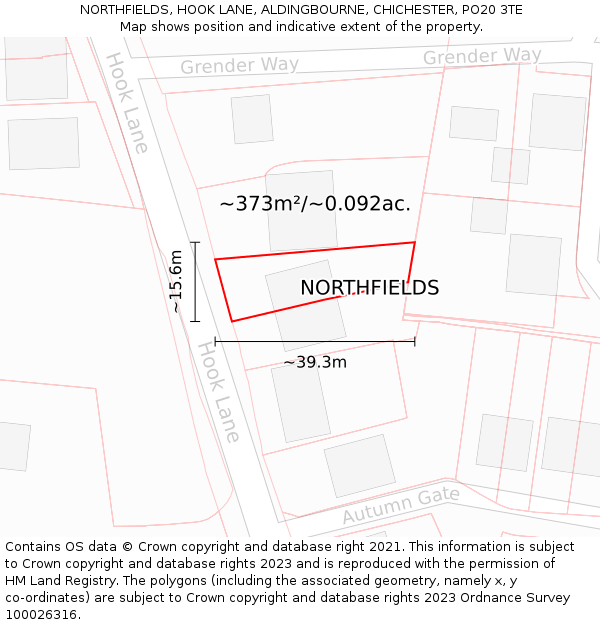 NORTHFIELDS, HOOK LANE, ALDINGBOURNE, CHICHESTER, PO20 3TE: Plot and title map