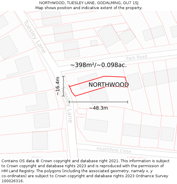 NORTHWOOD, TUESLEY LANE, GODALMING, GU7 1SJ: Plot and title map
