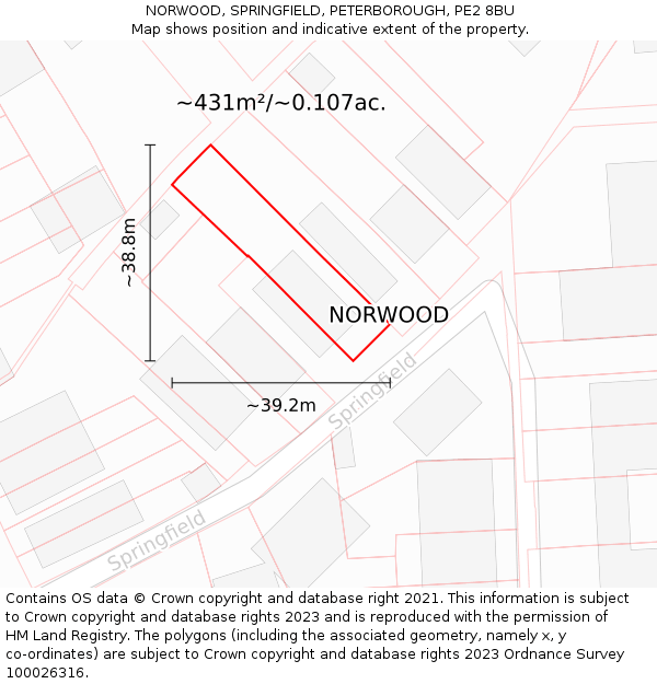 NORWOOD, SPRINGFIELD, PETERBOROUGH, PE2 8BU: Plot and title map