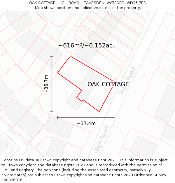 OAK COTTAGE, HIGH ROAD, LEAVESDEN, WATFORD, WD25 7ED: Plot and title map