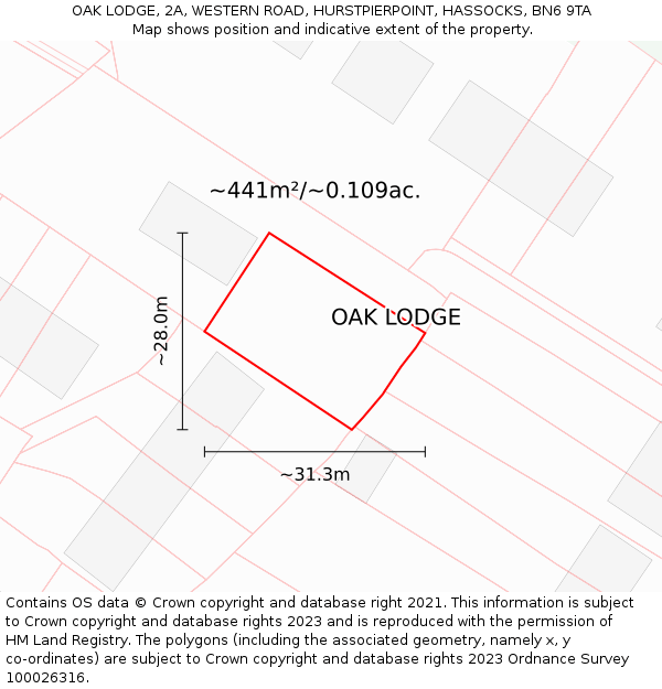 OAK LODGE, 2A, WESTERN ROAD, HURSTPIERPOINT, HASSOCKS, BN6 9TA: Plot and title map
