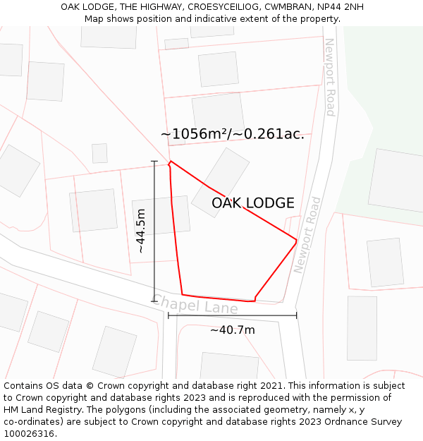 OAK LODGE, THE HIGHWAY, CROESYCEILIOG, CWMBRAN, NP44 2NH: Plot and title map
