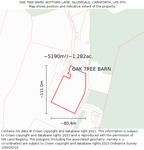 OAK TREE BARN, BOTTOMS LANE, SILVERDALE, CARNFORTH, LA5 0TN: Plot and title map