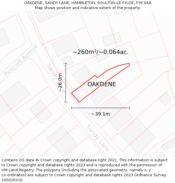 OAKDENE, SANDY LANE, HAMBLETON, POULTON-LE-FYLDE, FY6 9AA: Plot and title map