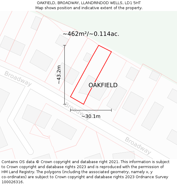 OAKFIELD, BROADWAY, LLANDRINDOD WELLS, LD1 5HT: Plot and title map