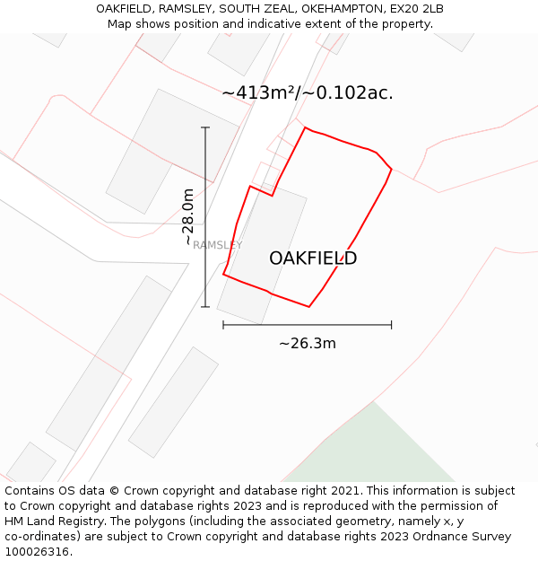 OAKFIELD, RAMSLEY, SOUTH ZEAL, OKEHAMPTON, EX20 2LB: Plot and title map