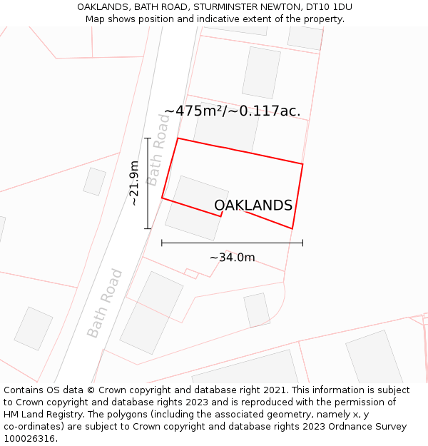 OAKLANDS, BATH ROAD, STURMINSTER NEWTON, DT10 1DU: Plot and title map