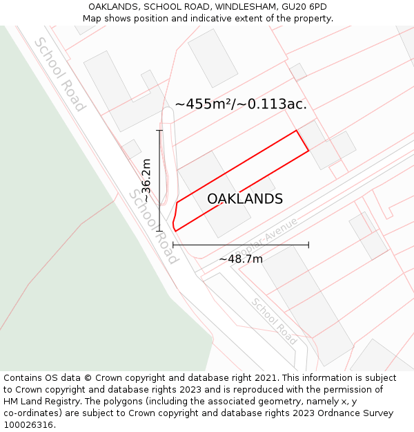 OAKLANDS, SCHOOL ROAD, WINDLESHAM, GU20 6PD: Plot and title map