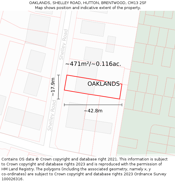 OAKLANDS, SHELLEY ROAD, HUTTON, BRENTWOOD, CM13 2SF: Plot and title map