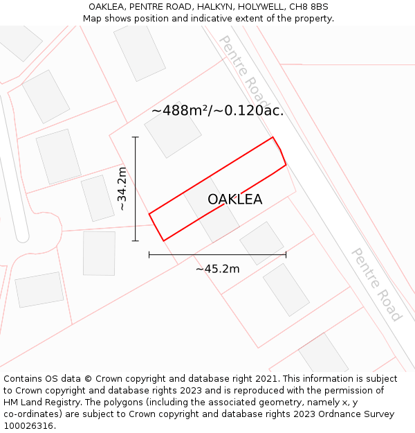 OAKLEA, PENTRE ROAD, HALKYN, HOLYWELL, CH8 8BS: Plot and title map