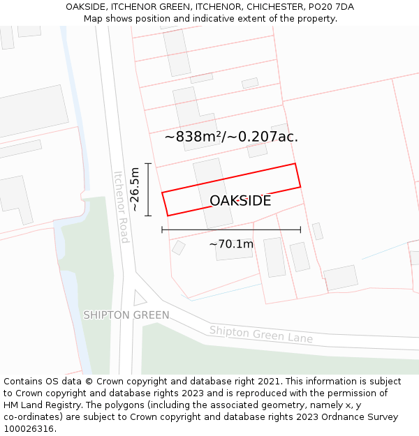 OAKSIDE, ITCHENOR GREEN, ITCHENOR, CHICHESTER, PO20 7DA: Plot and title map