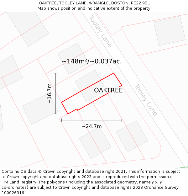 OAKTREE, TOOLEY LANE, WRANGLE, BOSTON, PE22 9BL: Plot and title map