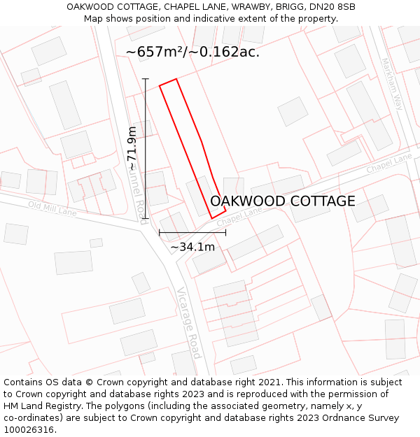 OAKWOOD COTTAGE, CHAPEL LANE, WRAWBY, BRIGG, DN20 8SB: Plot and title map