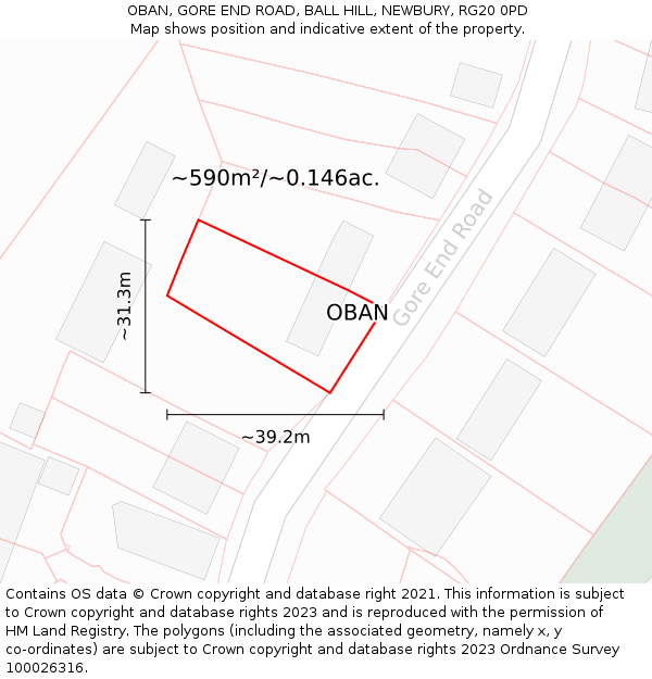 OBAN, GORE END ROAD, BALL HILL, NEWBURY, RG20 0PD: Plot and title map
