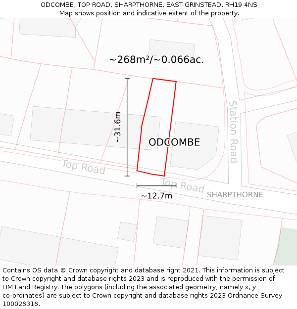 ODCOMBE, TOP ROAD, SHARPTHORNE, EAST GRINSTEAD, RH19 4NS: Plot and title map