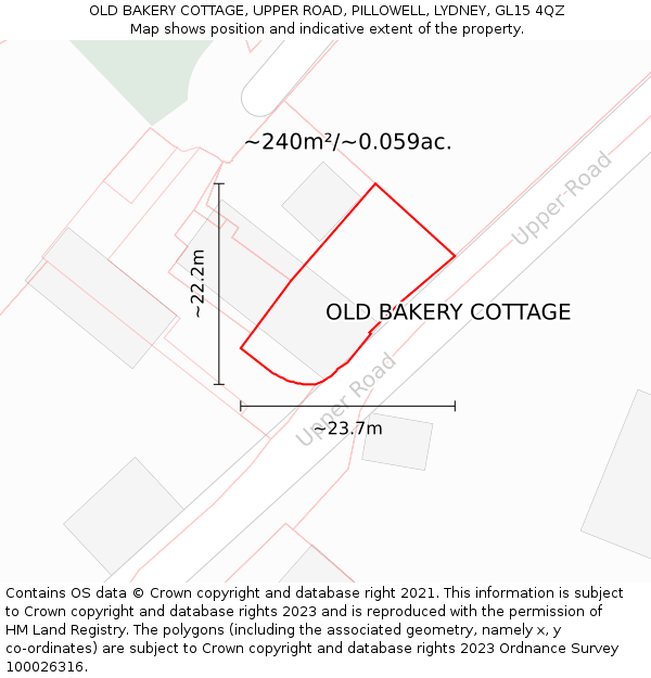 OLD BAKERY COTTAGE, UPPER ROAD, PILLOWELL, LYDNEY, GL15 4QZ: Plot and title map