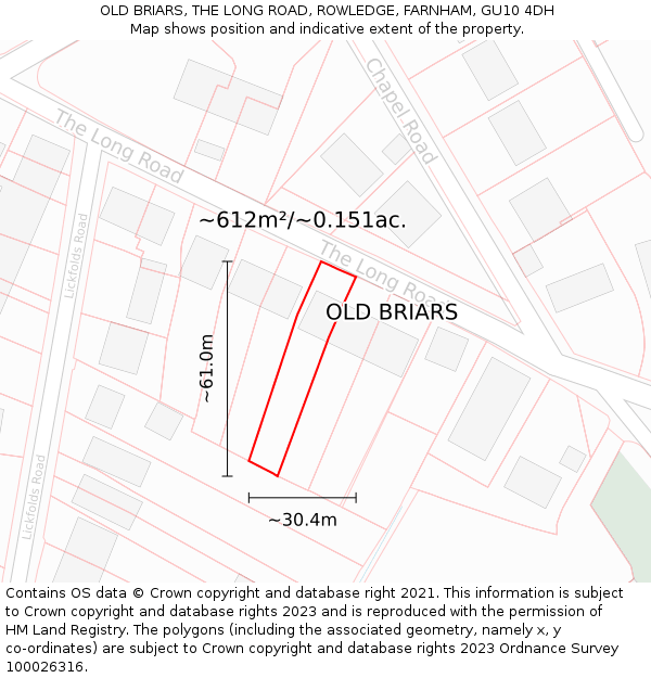 OLD BRIARS, THE LONG ROAD, ROWLEDGE, FARNHAM, GU10 4DH: Plot and title map