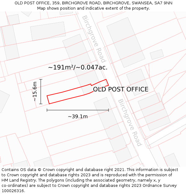 OLD POST OFFICE, 359, BIRCHGROVE ROAD, BIRCHGROVE, SWANSEA, SA7 9NN: Plot and title map