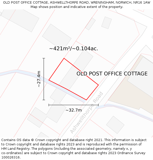 OLD POST OFFICE COTTAGE, ASHWELLTHORPE ROAD, WRENINGHAM, NORWICH, NR16 1AW: Plot and title map