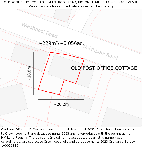 OLD POST OFFICE COTTAGE, WELSHPOOL ROAD, BICTON HEATH, SHREWSBURY, SY3 5BU: Plot and title map