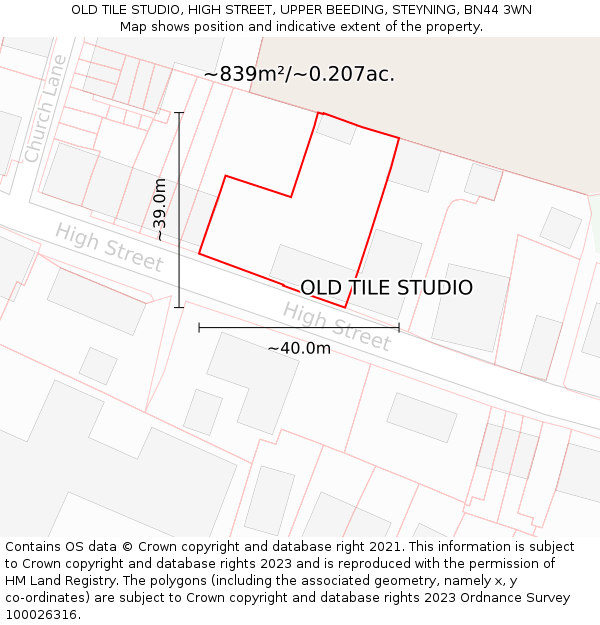 OLD TILE STUDIO, HIGH STREET, UPPER BEEDING, STEYNING, BN44 3WN: Plot and title map