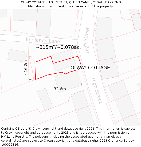OLWAY COTTAGE, HIGH STREET, QUEEN CAMEL, YEOVIL, BA22 7NG: Plot and title map